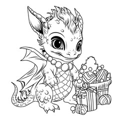 Symbol of 2024 dragon year.Coloring page of cute baby dragon with gifts and garland.