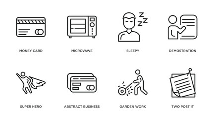 other outline icons set. thin line icons such as money card, microvawe, sleepy, demostration, super hero, abstract business card, garden work, two post it vector.