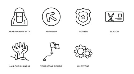 other outline icons set. thin line icons such as arab woman with hijab, arrowup, 7 other, blazon, hair cut business card, tombstone zombie hand, milestone, tings vector.