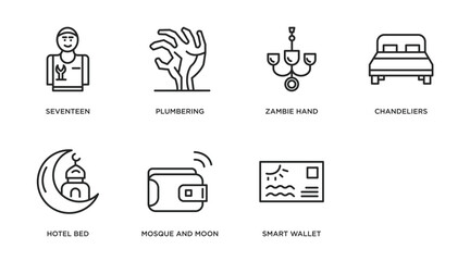 other outline icons set. thin line icons such as seventeen, plumbering, zambie hand, chandeliers, hotel bed, mosque and moon, smart wallet, sea business card vector.