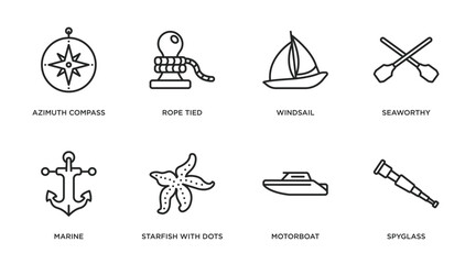 nautical outline icons set. thin line icons such as azimuth compass, rope tied, windsail, seaworthy, marine, starfish with dots, motorboat, spyglass vector.