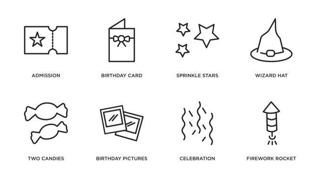party outline icons set. thin line icons such as admission, birthday card, sprinkle stars, wizard hat, two candies, birthday pictures, celebration, firework rocket vector.