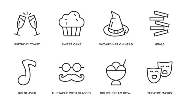 party outline icons set. thin line icons such as birthday toast, sweet cake, wizard hat on head, jenga, big quaver, mustache with glasses, big ice cream bowl, theatre masks vector.