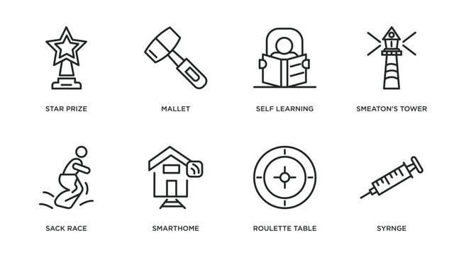 other outline icons set. thin line icons such as star prize, mallet, self learning, smeaton's tower, sack race, smarthome, roulette table, syrnge vector.