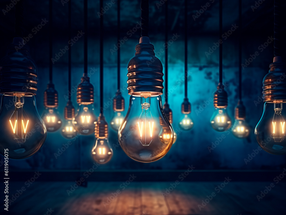 Poster Multiple retro-style light bulbs hang from the ceiling in a dark room, casting a nostalgic glow. They create a captivating vintage ambiance. Idea concept. Teamwork. AI generative illustration.