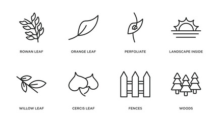 nature outline icons set. thin line icons such as rowan leaf, orange leaf, perfoliate, landscape inside frame, willow leaf, cercis fences, woods vector.