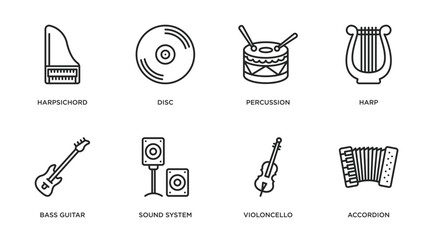 music outline icons set. thin line icons such as harpsichord, disc, percussion, harp, bass guitar, sound system, violoncello, accordion vector.