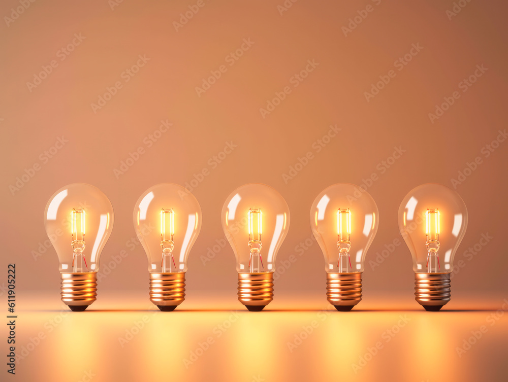 Poster A row of glowing white light bulbs, capturing attention with symbolic power of choice. The concept of Idea. AI generative.