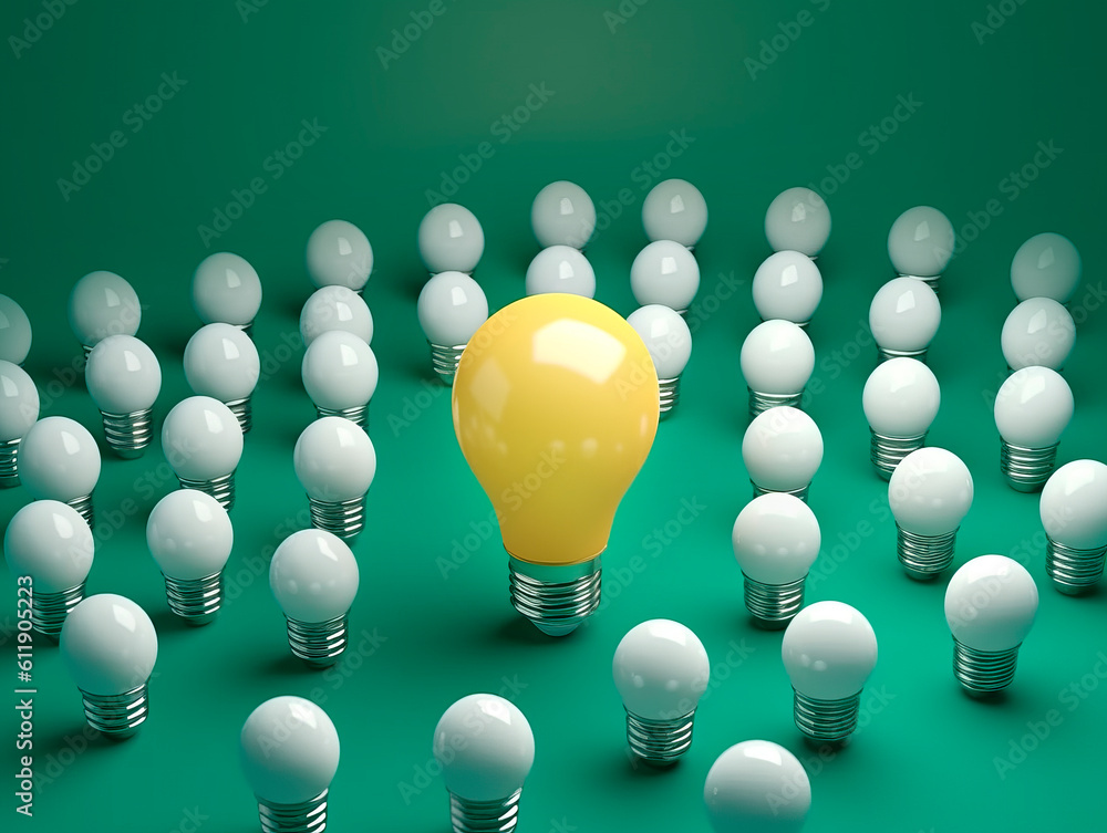 Poster Many white light bulbs, capturing attention with one distinct bulb glowing in yellow. Symbolic of the significance of differentiation and the power of choice. The concept of Idea. AI generative.