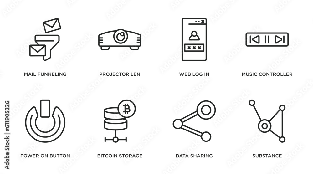 Poster multimedia outline icons set. thin line icons such as mail funneling, projector len, web log in, mus