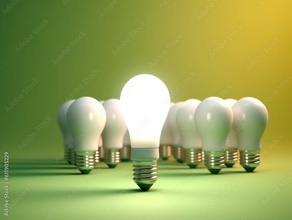Poster Many white light bulbs, capturing attention with one distinct huge glowing bulb in the middle. Symbolic power of choice. The concept of Idea and Leadership. AI generative.