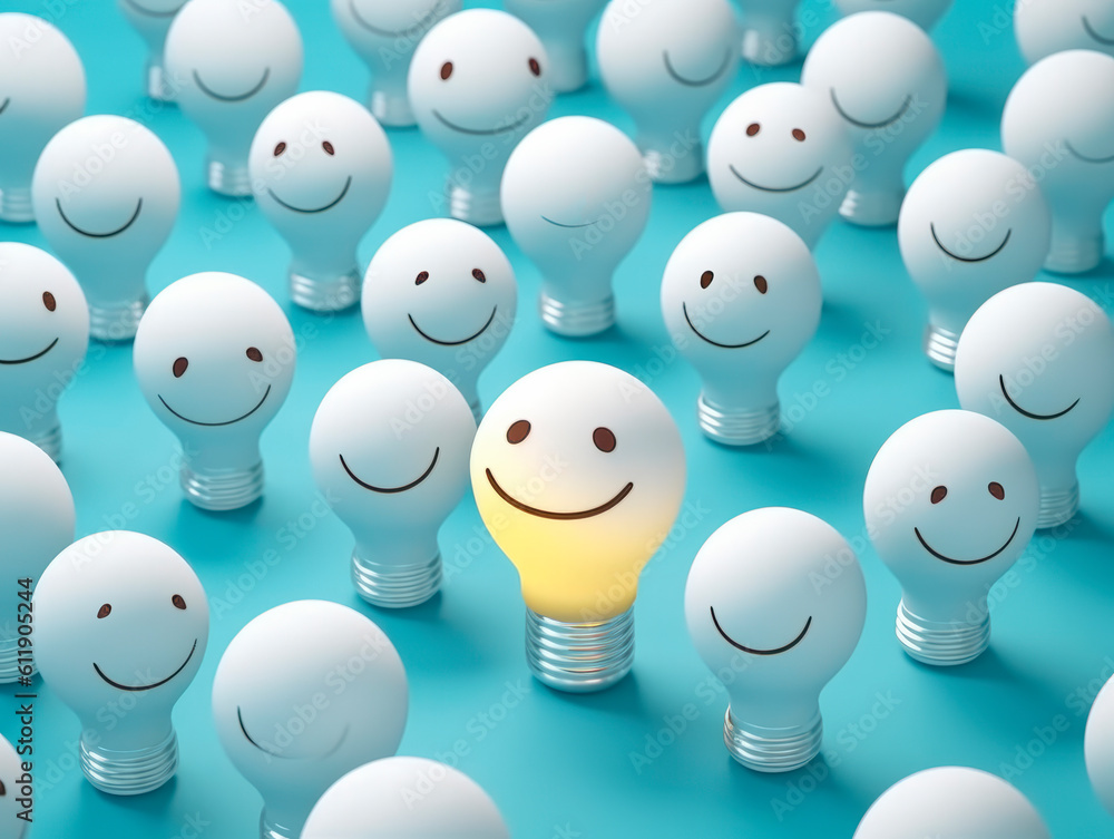 Poster Many smiling white light bulbs, capturing attention with one distinct bulb glowing yellow. Symbolic of the significance of differentiation and the power of choice. The concept of Idea. AI generative.