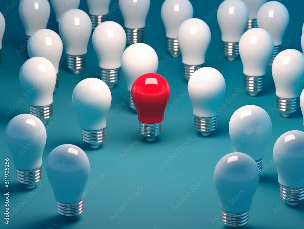 Poster Many white light bulbs, capturing attention with one distinct bulb glowing in red. Symbolic of the significance of differentiation and the power of choice. The concept of Idea. AI generative.