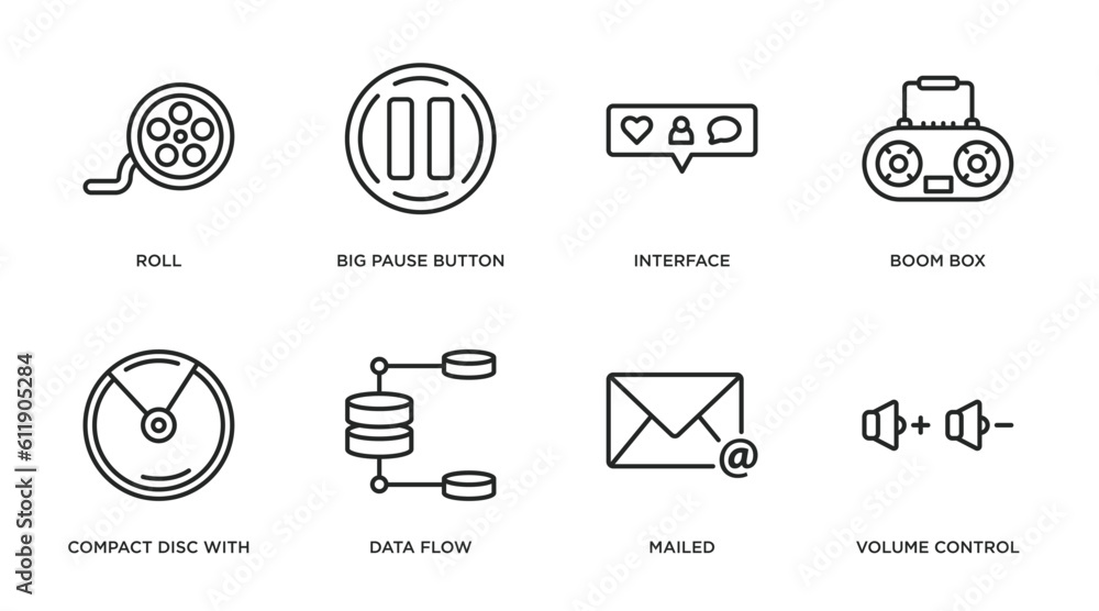 Poster multimedia outline icons set. thin line icons such as roll, big pause button, interface, boom box, c