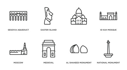 monuments outline icons set. thin line icons such as segovia aqueduct, easter island, , id kah mosque, moscow, medieval, al shaheed monument, national monument monas vector.