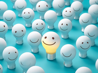 Many smiling white light bulbs, capturing attention with one distinct bulb glowing yellow. Symbolic of the significance of differentiation and the power of choice. The concept of Idea. AI generative.