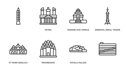 monuments outline icons set. thin line icons such as , petra, konark sun temple, oriental peral tower, st mark basilica, prambanan, potala palace,