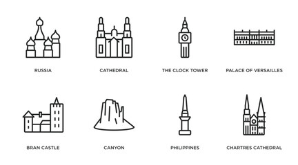 monuments outline icons set. thin line icons such as russia, cathedral, the clock tower, palace of versailles, bran castle, canyon, philippines, chartres cathedral vector. - obrazy, fototapety, plakaty