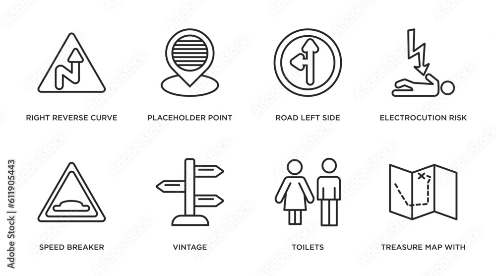 Aufkleber maps and flags outline icons set. thin line icons such as right reverse curve, placeholder point, ro