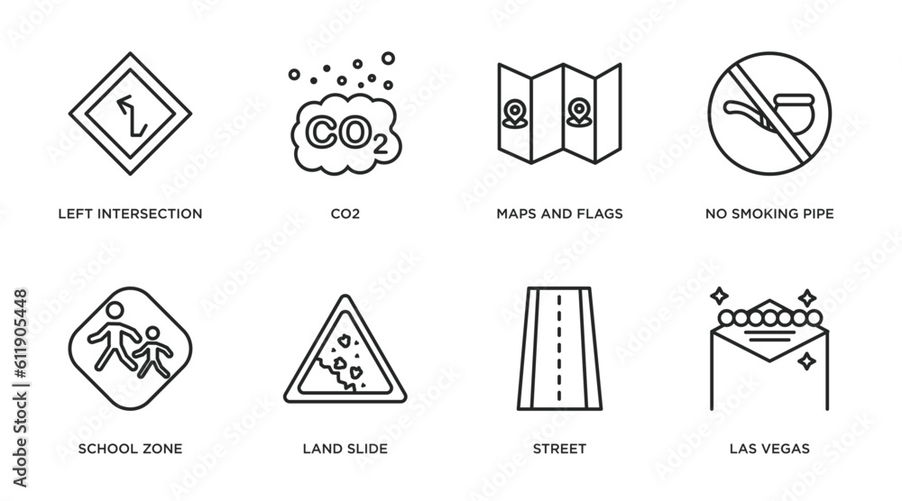 Poster maps and flags outline icons set. thin line icons such as left intersection, co2, maps and flags, no