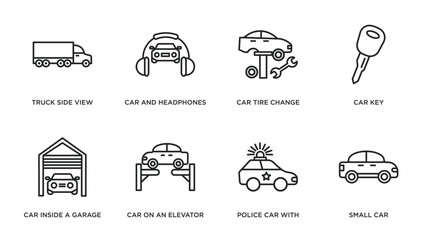 mechanicons outline icons set. thin line icons such as truck side view, car and headphones, car tire change, car key, inside a garage, on an elevator, police with lights, small vector.