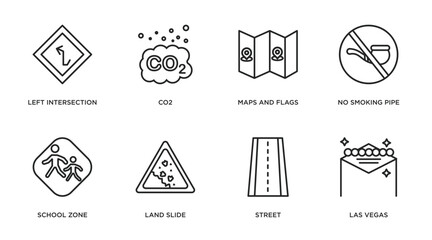 maps and flags outline icons set. thin line icons such as left intersection, co2, maps and flags, no smoking pipe, school zone, land slide, street, las vegas vector.