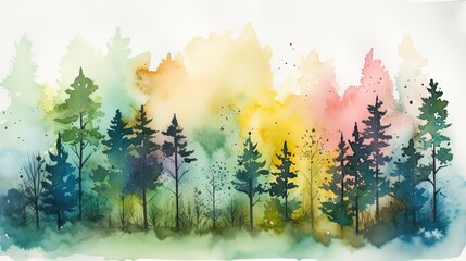 Obraz na płótnie Canvas watercolor illustration of autumn forest with colorful gradient leaves, Generative Ai