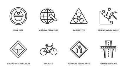 maps and flags outline icons set. thin line icons such as mine site, arrow on globe, radiactive, mining work zone, t road intersection, bicycle, narrow two lanes, flyover bridge vector.