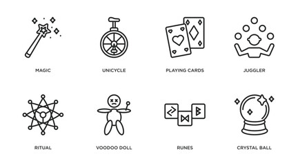 magic outline icons set. thin line icons such as magic, unicycle, playing cards, juggler, ritual, voodoo doll, runes, crystal ball vector.