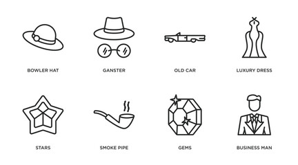 luxury outline icons set. thin line icons such as bowler hat, ganster, old car, luxury dress, stars, smoke pipe, gems, business man vector.