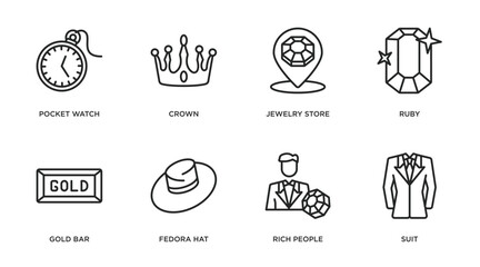 luxury outline icons set. thin line icons such as pocket watch, crown, jewelry store, ruby, gold bar, fedora hat, rich people, suit vector.