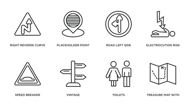 maps and flags outline icons set. thin line icons such as right reverse curve, placeholder point, road left side, electrocution risk, speed breaker, vintage, toilets, treasure map with x vector.