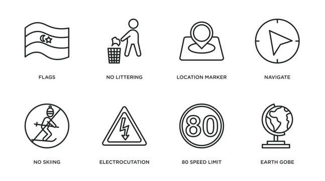 maps and flags outline icons set. thin line icons such as flags, no littering, location marker, navigate, no skiing, electrocutation danger, 80 speed limit, earth gobe vector.