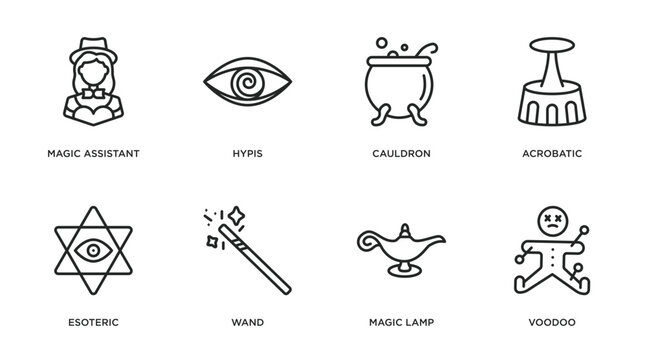 magic outline icons set. thin line icons such as magic assistant, hypis, cauldron, acrobatic, esoteric, wand, magic lamp, voodoo vector.