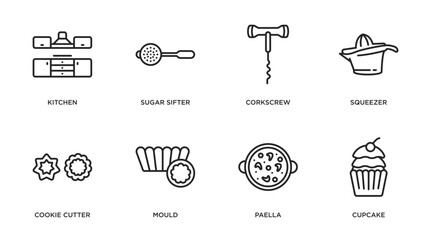 kitchen outline icons set. thin line icons such as kitchen, sugar sifter, corkscrew, squeezer, cookie cutter, mould, paella, cupcake vector.