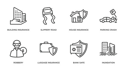 Fototapeta na wymiar insurance outline icons set. thin line icons such as building insurance, slippery road, house insurance, parking crash, robbery, luggage bank safe, inundation vector.