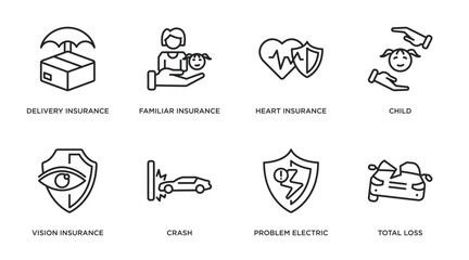 insurance outline icons set. thin line icons such as delivery insurance, familiar insurance, heart child, vision crash, problem electric, total loss vector.