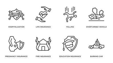 insurance outline icons set. thin line icons such as hospitalization, life insurance, falling, overturned vehicle, pregnancy insurance, fire education burning car vector.
