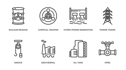 industry outline icons set. thin line icons such as nuclear residue, chemical weapon, hydro power generation, power tower, sheave, geothermal, oil tank, pipes vector.
