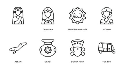 india outline icons set. thin line icons such as , chandra, telugu language, woman, assam, ugadi, durga puja, tuk tuk vector.