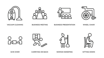 humans outline icons set. thin line icons such as vacuum cleaning, business meeting, business presentation, wheel chair, give over, carrying on back, woman sweeping, sitting down vector.