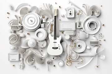 white background musical style theme abstract musical instruments 3d mockup. Generative AI