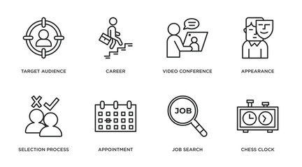 human resources outline icons set. thin line icons such as target audience, career, video conference, appearance, selection process, appointment, job search, chess clock vector.