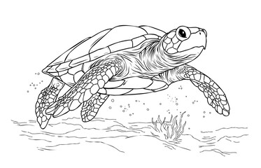 Coloring page turtle.Coloring page life in the ocean with algae.