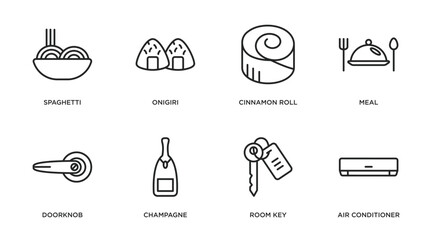hotel and restaurant outline icons set. thin line icons such as spaghetti, onigiri, cinnamon roll, meal, doorknob, champagne, room key, air conditioner vector.