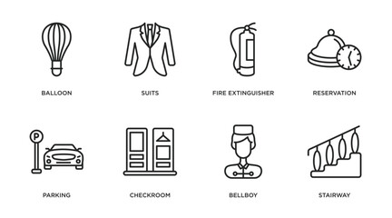 hotel and restaurant outline icons set. thin line icons such as balloon, suits, fire extinguisher, reservation, parking, checkroom, bellboy, stairway vector.