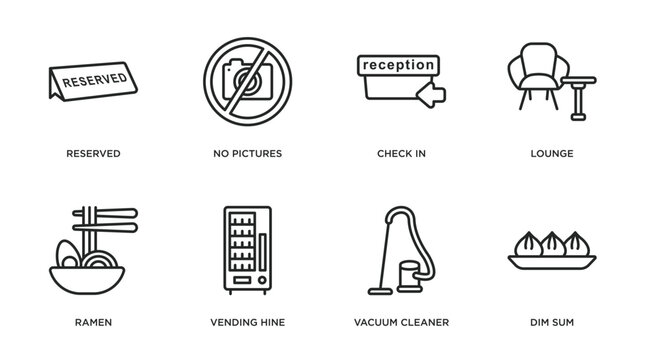 hotel and restaurant outline icons set. thin line icons such as reserved, no pictures, check in, lounge, ramen, vending hine, vacuum cleaner, dim sum vector.
