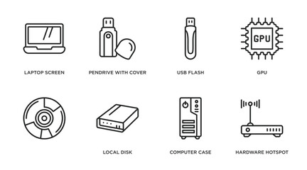 hardware outline icons set. thin line icons such as laptop screen, pendrive with cover, usb flash, gpu, , local disk, computer case, hardware hotspot vector.