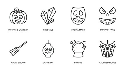 halloween outline icons set. thin line icons such as pumpkins lantern, crystals, facial mask, pumpkin face, magic broom, lanterns, future, haunted house vector.