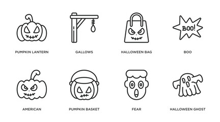 halloween outline icons set. thin line icons such as pumpkin lantern, gallows, halloween bag, boo, american, pumpkin basket, fear, halloween ghost vector.